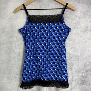 Vtg Y2K Fashion Bug Tank Top Sz S  Blue Geometric Print Lace Trim indie dopamine